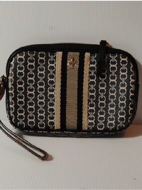 Tory Burch Black & Cream Jacquard Stripe Wristlet